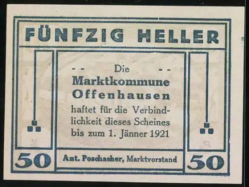 Notgeld Offenhausen 1921, 50 Heller, Pflügende Pferde und Dorfszene