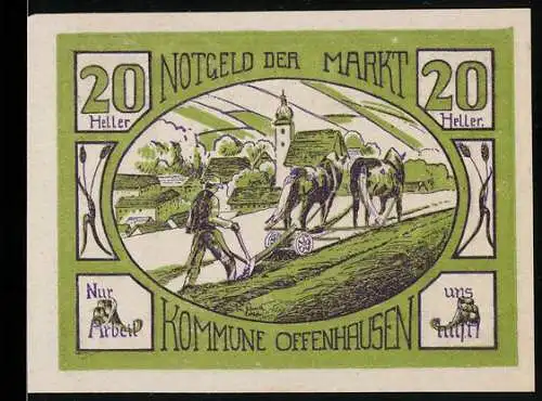 Notgeld Offenhausen 1921, 20 Heller, Pflügende Bauern mit Kirche im Hintergrund