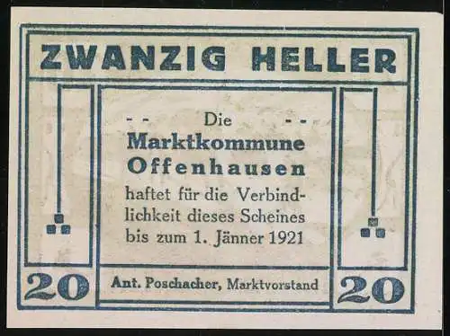 Notgeld Offenhausen 1921, 20 Heller, Pflügende Bauern mit Kirche im Hintergrund