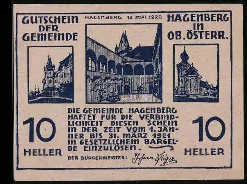 Notgeld Hagenberg 1920, 10 Heller, Architektur und Bauer mit Pferd unter aufgehender Sonne