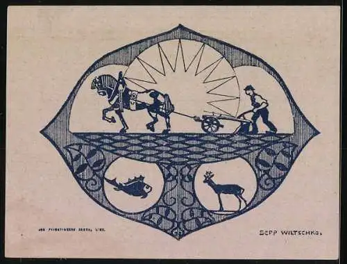 Notgeld Hagenberg 1920, 10 Heller, Architektur und Bauer mit Pferd unter aufgehender Sonne