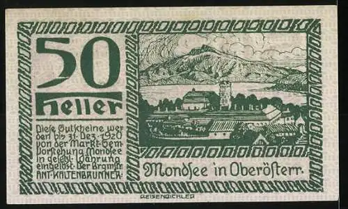 Notgeld Mondsee 1920, 50 Heller, Landschaft und Wappen von Mondsee in Oberösterreich