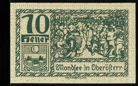 Notgeld Mondsee, 70 Heller, historische Szene und Landschaftsmotiv, Wappen vorhanden