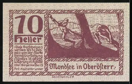 Notgeld Mondsee, 70 Heller, historische Szene und Landschaftsmotiv, Wappen vorhanden