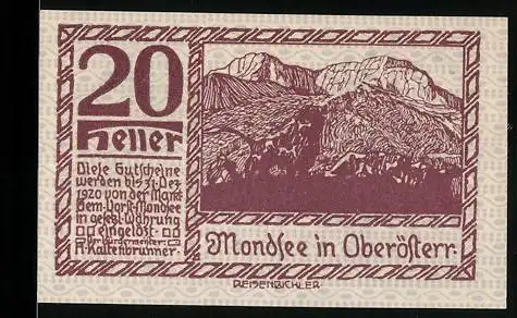 Notgeld Mondsee 1920, 20 Heller, Berglandschaft und Figur, Wappen, Oberösterreich