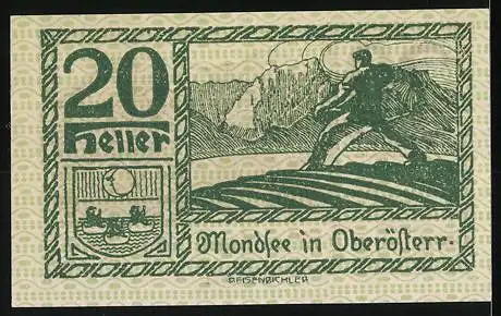 Notgeld Mondsee 1920, 20 Heller, Berglandschaft und Figur, Wappen, Oberösterreich