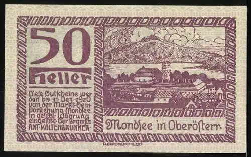 Notgeld Mondsee 1920, 50 Heller, See und Landschaftsmotiv mit Wappen