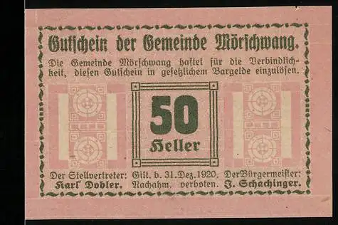 Notgeld Mörschwang 1920, 50 Heller, Ziermuster und Text mit Ausgabevermerk