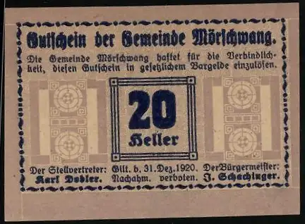 Notgeld Mörschwang 1920, 20 Heller, geometrisches Muster und Textmotiv