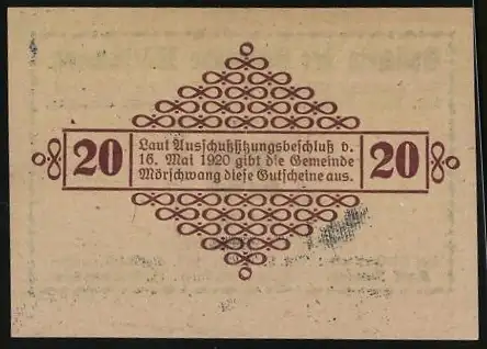 Notgeld Mörschwang 1920, 20 Heller, geometrisches Muster und Textmotiv