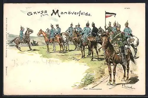 Lithographie Kaisermanöver, Bayerischer Divisionsstab beobachtet das Manöver