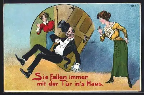 Künstler-AK Bruno Bürger & Ottillie Nr. 7522: Mann fällt mit der Tür ins Haus