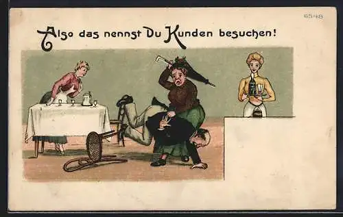 Künstler-AK Bruno Bürger & Ottillie Nr. 6548: Also das nennst du Kunden besuchen, Frau verprügelt ihren Mann