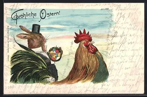 Künstler-AK Bruno Bürger & Ottillie Nr. 1570: Hahn und Osterhase in Anzug und Zylinder