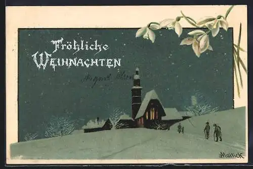 Künstler-AK Alfred Mailick: Kirche mit leuchtenden Fenstern in einer Winternacht