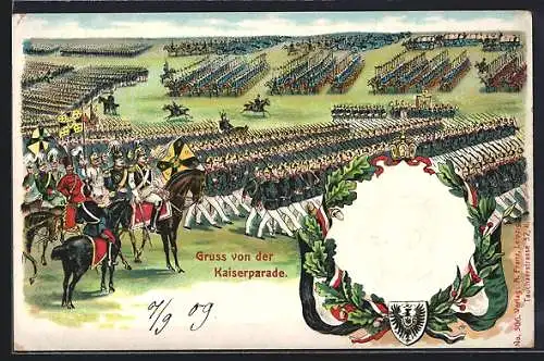 Lithographie Kaiserparade, Wilhelm II. nimmt die Parade ab, Präge-Portrait des Kaiserpaars