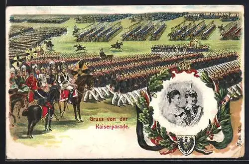 Lithographie Kaiserparade, Wilhelm II. nimmt die Parade ab, Portrait des Kaiserpaars