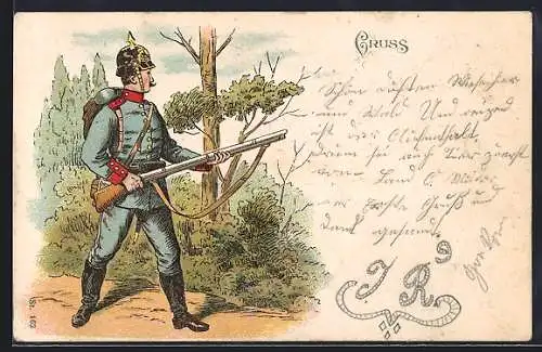 Lithographie deutscher Soldat mit Pickelhelm, Tornister und Gewehr