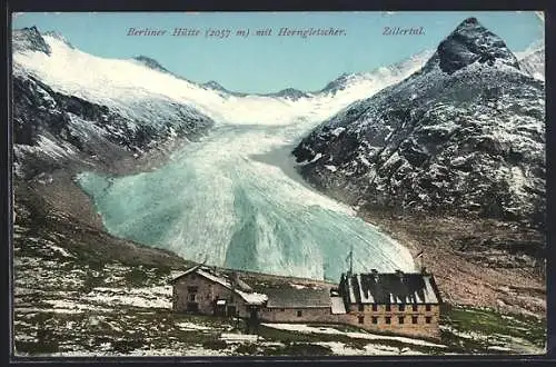 AK Berliner Hütte mit Horngletscher im Zillertal, Berghütte