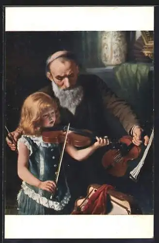 Künstler-AK Akvel: Violinenunterricht, niedliches Mädchen spielt Geige