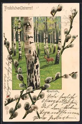 Künstler-AK Alfred Mailick: Fröhliche Ostern, Reh in einem Wald