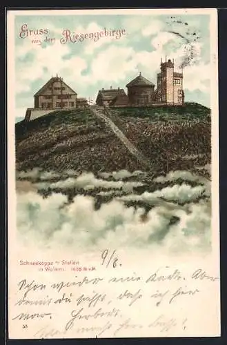 Lithographie Schneekoppenhäuser, Station in den Wolken