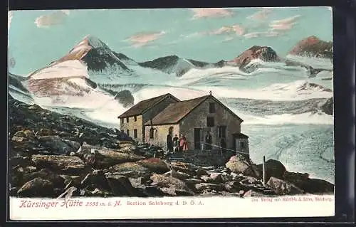 AK Kürsinger Hütte, Ansicht mit Geröllfeld und Gipfelpanorama