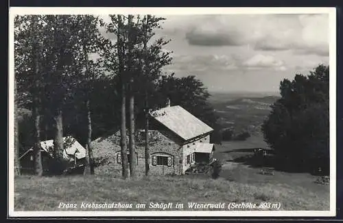 AK Franz Krebsschutzhaus am Schöpfl, Ansicht mit Talblick