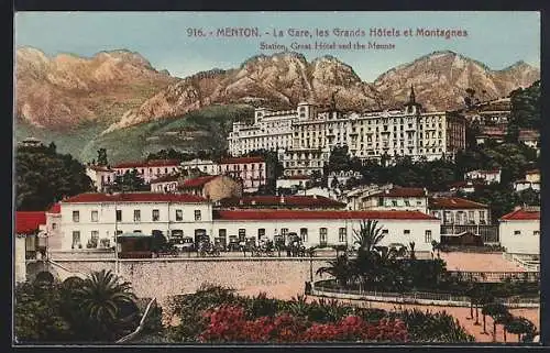 AK Menton, La Gare, les Grands Hotels et Montagnes, Bahnhof