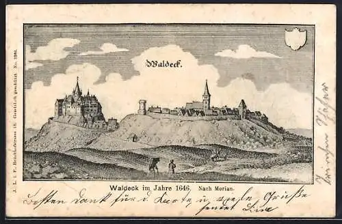 Künstler-AK Waldeck / Hessen, Historische Ansicht im Jahr 1646 nach Merian