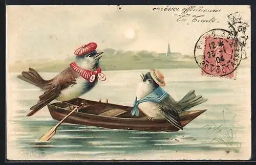 Lithographie zwei Vögel in einem Ruderboot, vermenschlichte Tiere