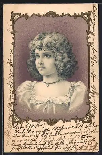 Lithographie Mädchen mit Locken und Herzkette, Ornament-Rahmen