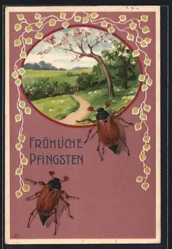 Lithographie Maikäfer vor Bild mit Frühlingsidylle, Pfingstgruss