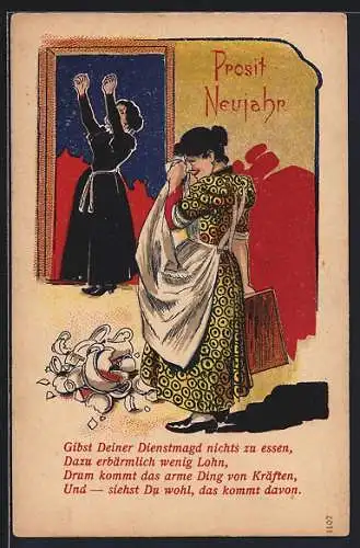 Lithographie Streit mit der Dienstmarkt wegern schlechter Behandlung, Neujahrsgruss