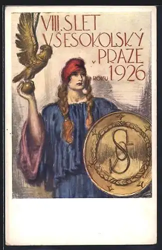 AK Prag, VIII. Slet Vsesokolsky 1926, Turnerin mit Schild u. Adler, Sokol