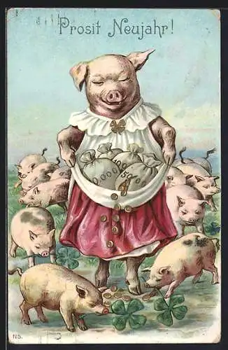 Lithographie Schwein im Kleid mit Geldsäcken in der Schürze und Ferkel mit Glücksklee, Neujahrsgruss