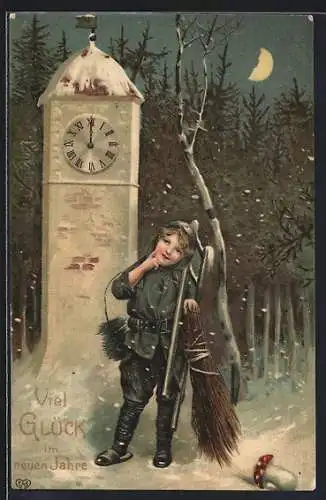 Lithographie Kleiner Schornsteinfeger um Mitternacht an einer Uhr