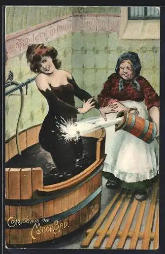 AK Frau wird nach Moorbad gewaschen