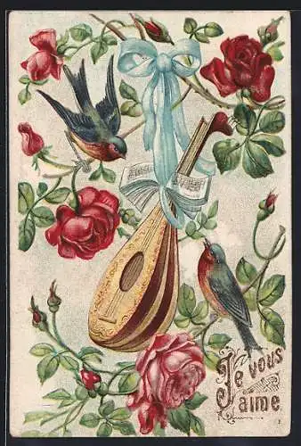 AK Laute mit Notenblättern und Vogel