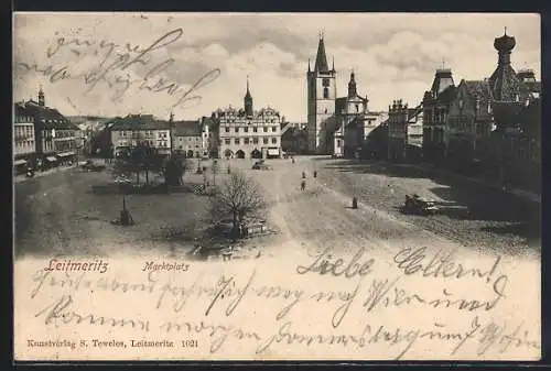 AK Leitmeritz-Litomerice, Marktplatz mit Denkmal und Geschäften