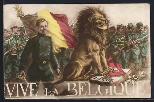 Künstler-AK Belgische Truppen und der belgische Löwe, Vive la Belgique