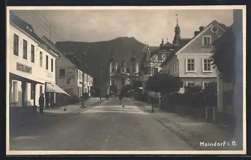 AK Haindorf i. B., Hotel Klamt, Tabakwaren-Geschäft, Kirche