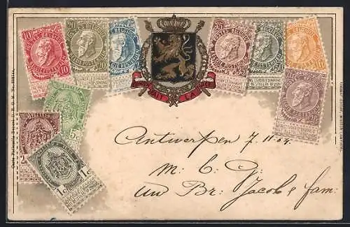 Präge-AK Belgische Briefmarken mit Wappen