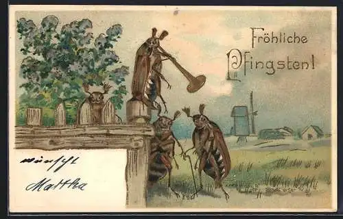 Lithographie Musizierende Maikäfer auf einem Feld