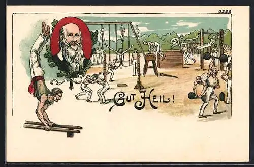 Künstler-AK Bruno Bürger & Ottillie Nr. 6258: Turnvater Jahn mit Sportlern beim Turnfest