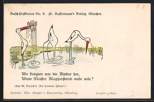 Künstler-AK Wilhelm Busch: Siegfried Stoitzner: Wilhelm Busch: Störche fischen Kinder aus dem Teich