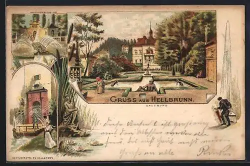 Lithographie Hellbrunn, Marmorbassin und Neptungrotte