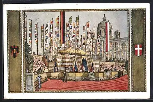 Künstler-AK Wien, Fest-Postkarte des 10. Deutschen Sängerbundesfestes mit Wappen, 1928