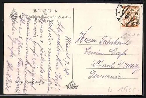 Künstler-AK Wien, Fest-Postkarte des 10. Deutschen Sängerbundesfestes mit Wappen, 1928