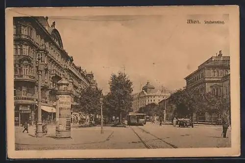 AK Wien, Strassenbahn auf dem Stubenring, Litfasssäule